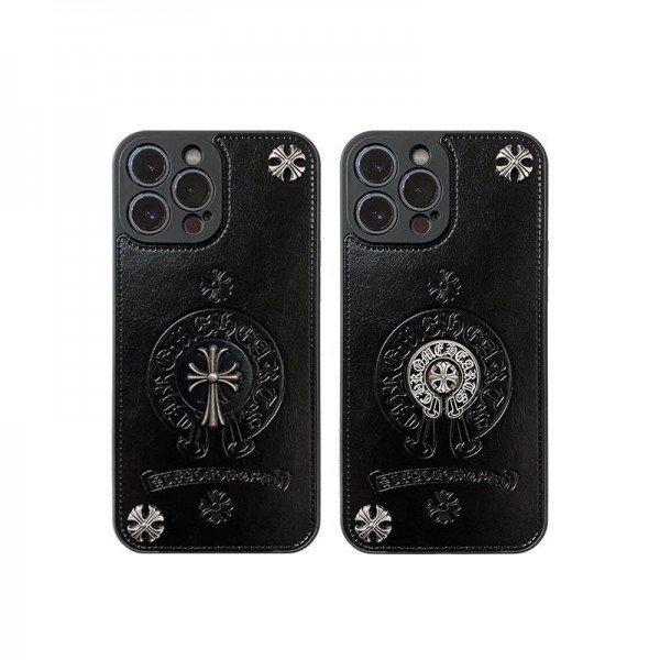 クロムハーツ iphone14ケースハイブランドChrome Hearts レディースメンズ iphone14plus/14pro/14pro maxケースブラックレザー 高品質 iphone13/13pro/13pro maxケースカメラフルカバー アイフォン12/12pro/12pro maxケース