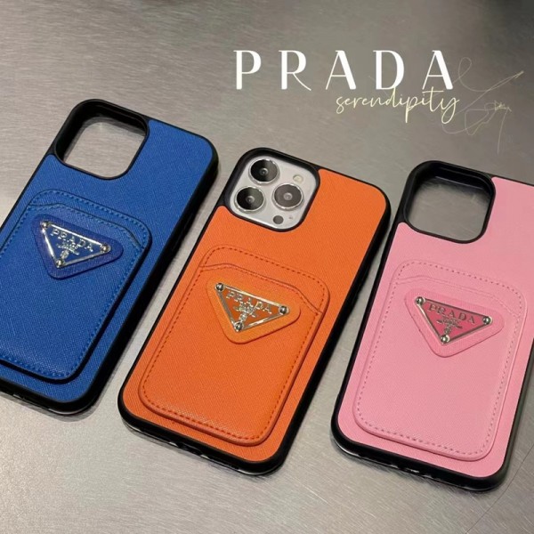 プラダ iphone 14plusケースブランド Prada カードポケット付き iphone 14/14pro/14pro maxケース ブルー オレンジ ピンク 3色レザーカバー アイフォン13/13mini/13pro/13pro maxケース