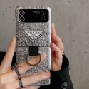 プラダGalaxy zflip4ケースハイブランドPrada ブラック レザー製 galaxy zflip3ケースリング付き 携帯便利ギャラクシーZ フリップ3/4カバー