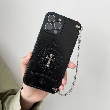 クロムハーツ iphone14plusケースハイブランドChrome Hearts ブラックレザー製 iphone14/14pro maxケース チェーン付き高品質 アイフォン13/13mini/13pro maxケース 全面保護人気 iphone12/12pro/12pro maxケース