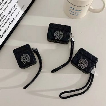 クロムハーツブランドairpods pro2ケース Chrome-Hearts ブラックレザー高品質 airpods 3ケース ハンドストラップ付き airpods pro 2 1カバー