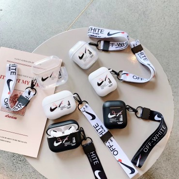 Nike off white airpods 3ケース ナイキ ストラップ付き 透明感  エアーポッズ プロ2ケース オフ ホワイト スポーツ風 airpods 3/2/1ケース耐衝撃 防塵 メンズ レデイーズairpods proカバー