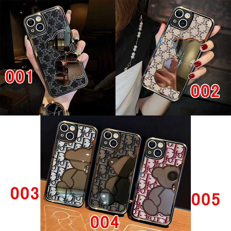 ディオールブランドiphone14proケースかわいいクマ型ミラー